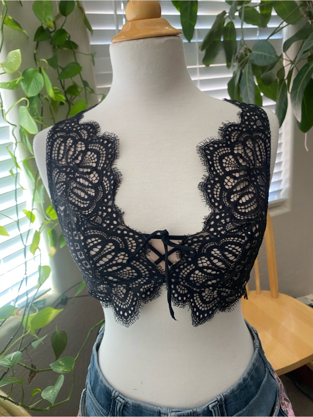 Victoria's Secret Black Lace Crop Bralette with Front Lace-Up